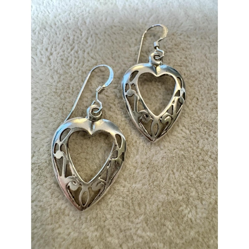 VTG Sterling Puffy Heart Cut Out Filigree Dangle Earrings Western Cowgirl Boho